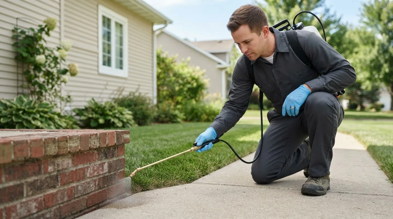 Pest control technician treating a home near Garland, TX