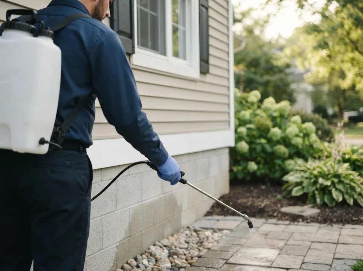 Pest control technician inspecting a home in Garland, TX